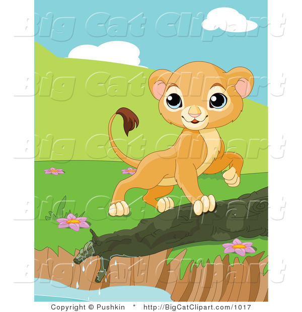 Big Cat Clipart of a Curious Lion Cub Walking by a Pond Edge