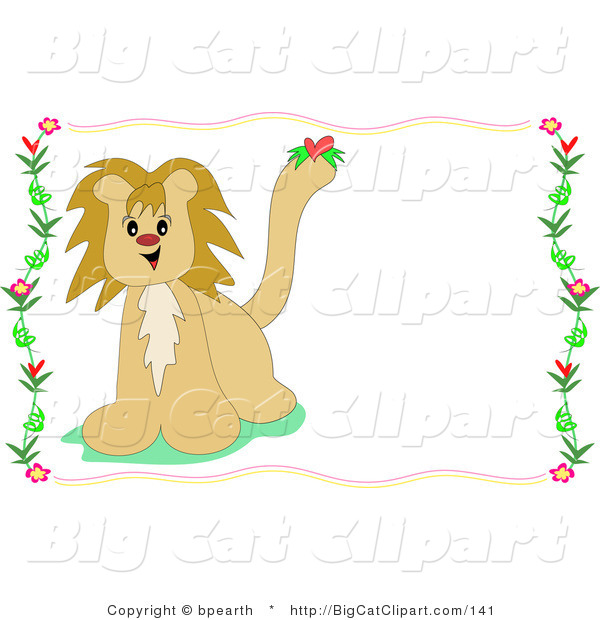 Big Cat Clipart of a Cute Male Lion with a Heart on His Tail, over a White Stationery Background Bordered by Flowers and Vines