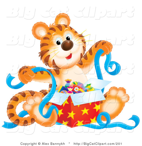 Big Cat Clipart of a Happy Birthday Tiger Unwrapping a Present with Blue Ribbons