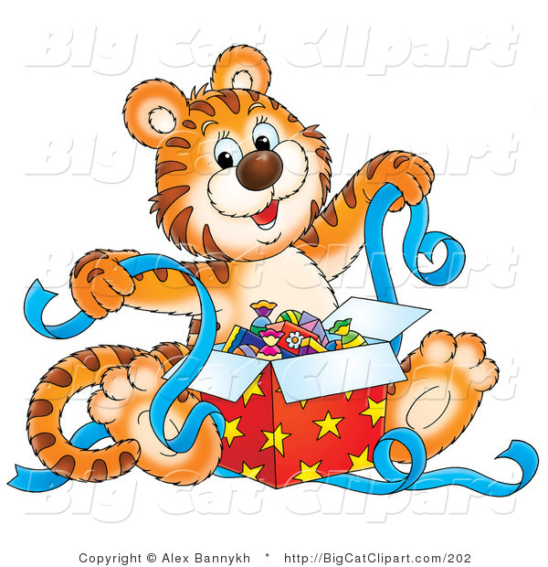 Big Cat Clipart of a Happy Tiger Cub Holding Ribbons While Opening Presents