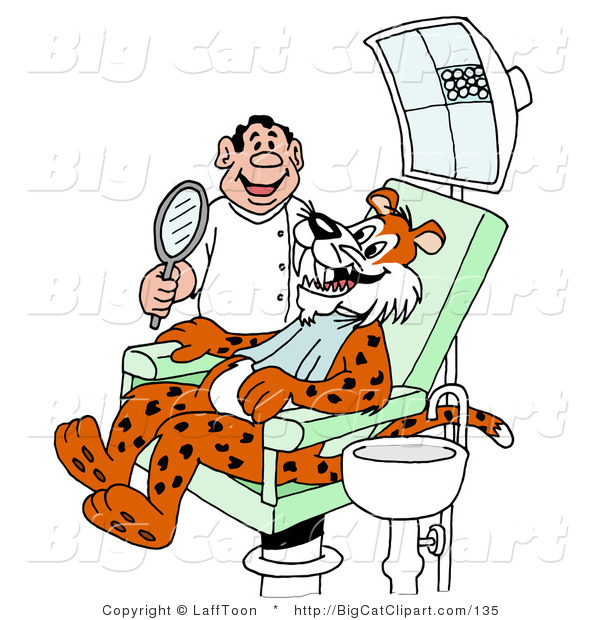 Big Cat Clipart of a Leopard Smiling and Showing His Fangs to a Smiling Dentist During an Exam