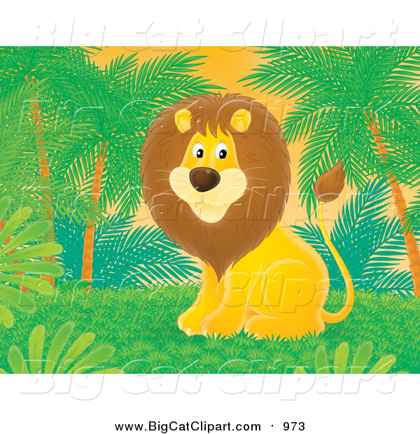 Big Cat Clipart of a Male Lion Sitting Under Palm Trees