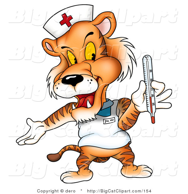 Big Cat Clipart of a Nurse Tiger with a Thermometer