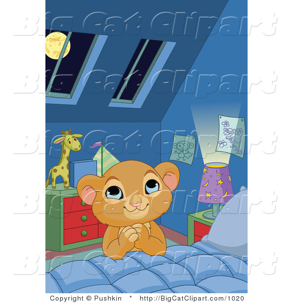 Big Cat Clipart of a Praying Lion Cub at His Bed Side