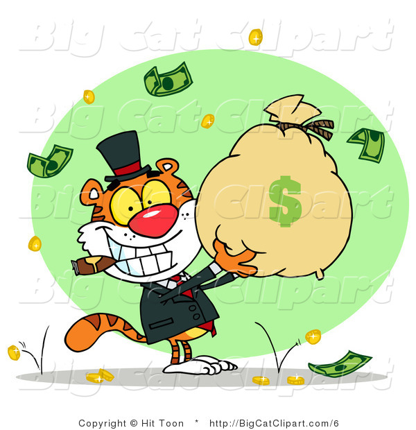 Big Cat Clipart of a Prosperous Tiger Holding a Money Bag