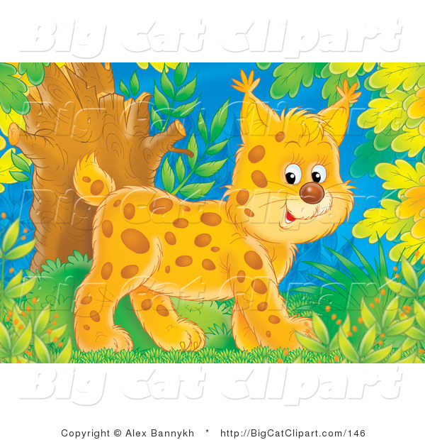 Big Cat Clipart of a Smiling Bobcat Walking Through a Forest