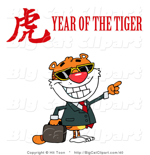 Big Cat Clipart of a Tiger Pointing Right with a Year of the Tiger Chinese Symbol and Text