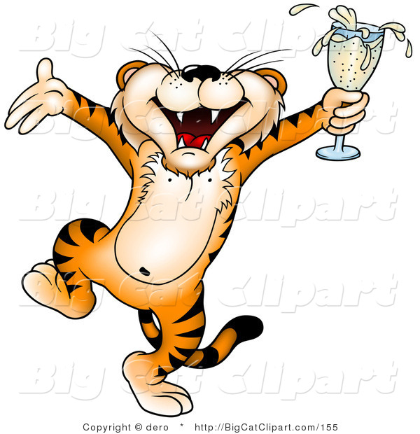 Big Cat Clipart of a Tipsy Tiger Holding Champagne