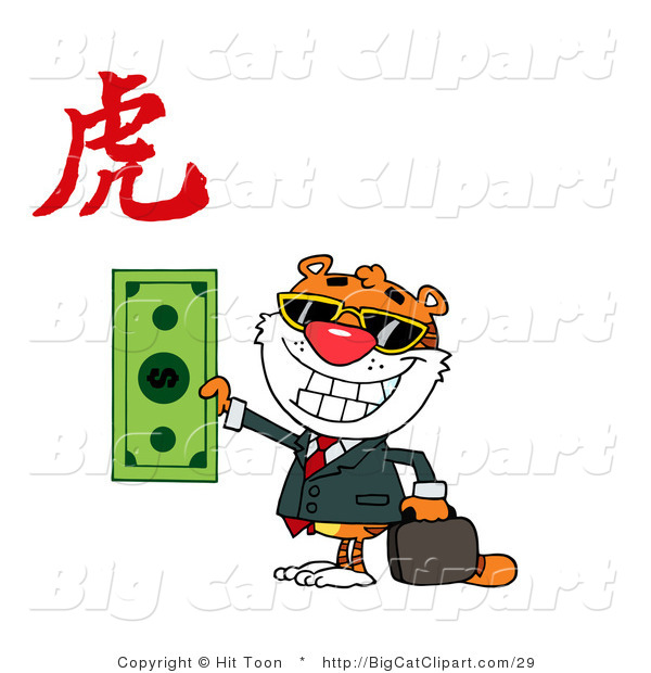 Big Cat Clipart of a Wealthy Grinning Tiger Holding a Dollar with a Year of the Tiger Chinese Symbol