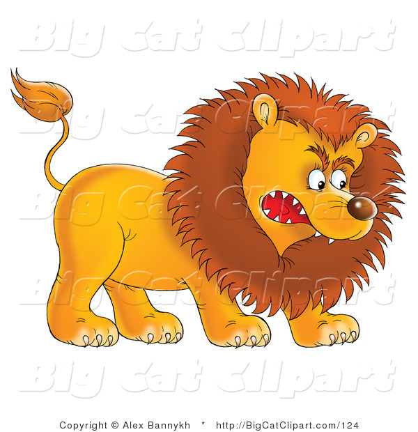 Big Cat Clipart of an Aggressive Male Lion Growling and Baring His Teeth