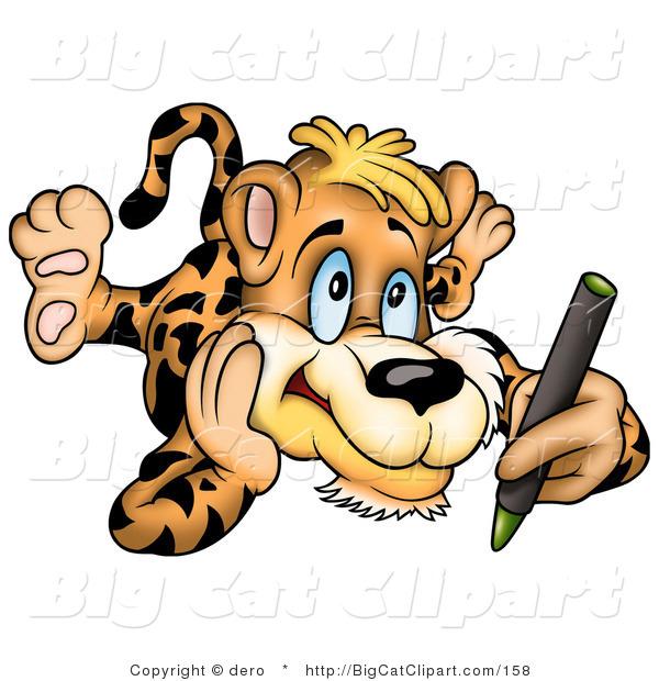 Big Cat Clipart of an Artistic Leopard Coloring with a Green Crayon