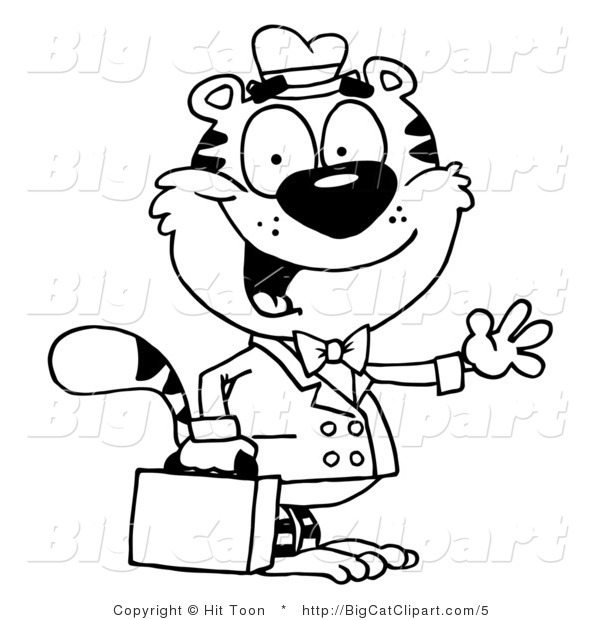 Big Cat Clipart of an Outlined Waving Business Tiger