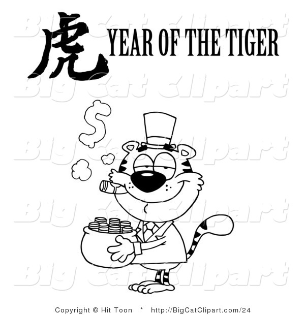 Big Cat Clipart of an Outlined Wealthy Tiger Holding a Pot of Gold with a Year of the Tiger Chinese Symbol and Text