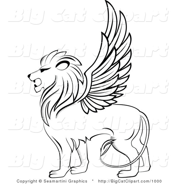 Big Cat Clipart of an Outlined Winged Lion