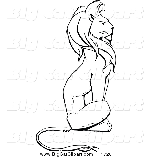 Big Cat Vector Clipart of a Black and White Sitting Lion
