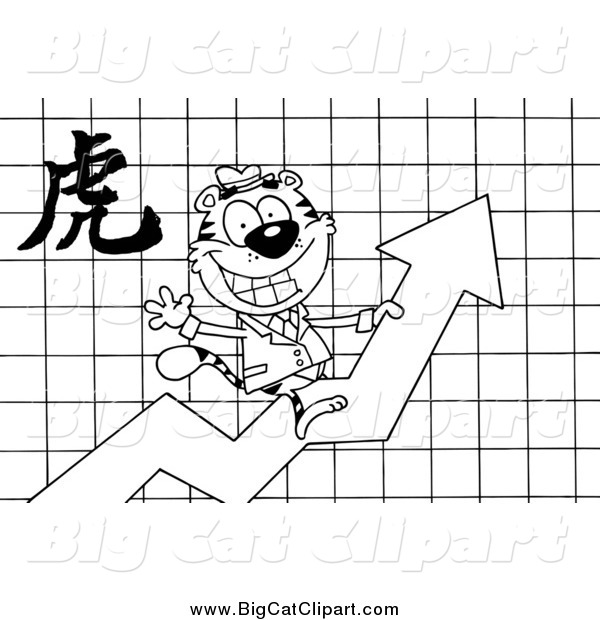 Big Cat Vector Clipart of a Black and White Successful Business Tiger on a Profit Arrow, with a Year of the Tiger Chinese Symbol