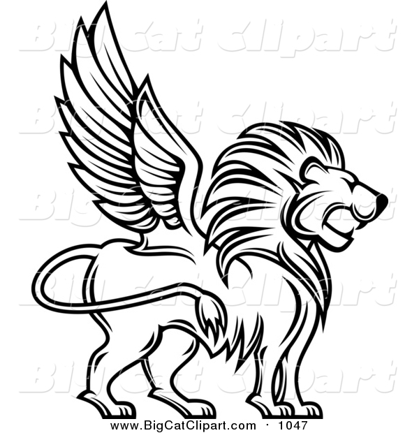 Big Cat Vector Clipart of a Black and White Winged Lion Profile