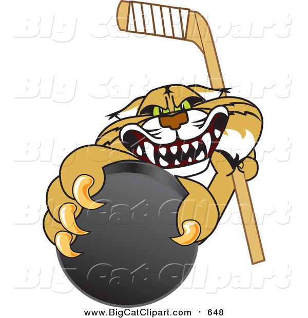 Big Cat Vector Clipart of a Bobcat Grabbing a Hockey Puck