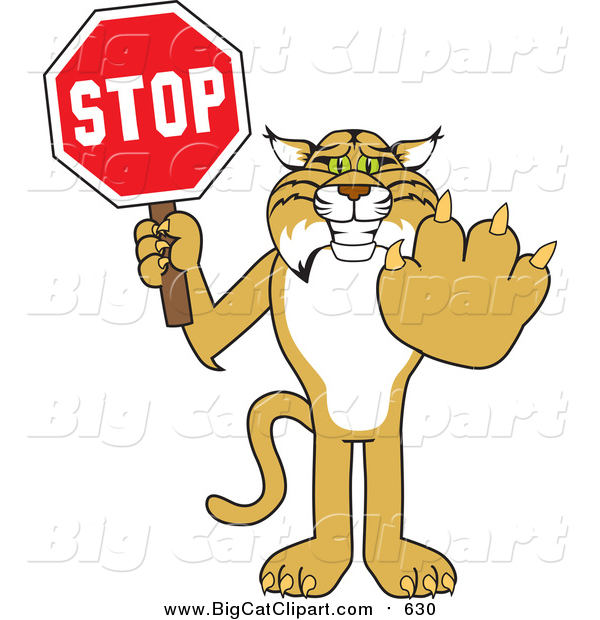 Big Cat Vector Clipart of a Bobcat Holding a Stop Sign