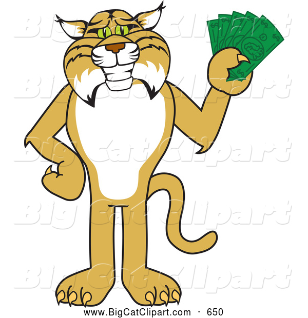 Big Cat Vector Clipart of a Bobcat Mascot Holding Cash