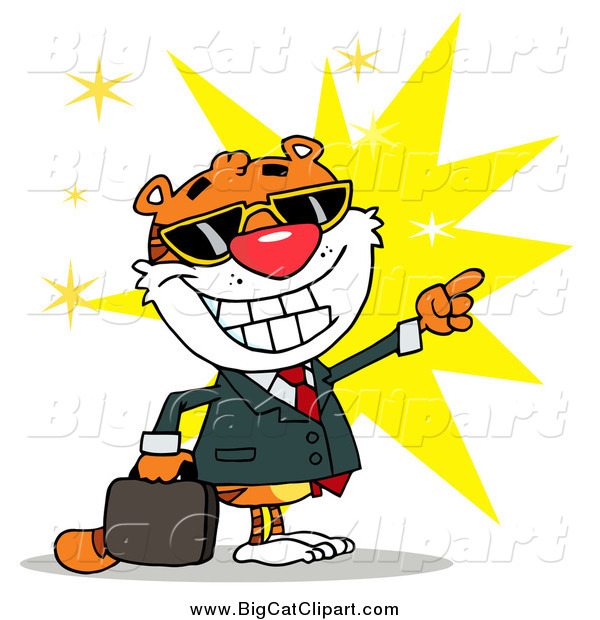 Big Cat Vector Clipart of a Business Tiger Pointing over a Burst