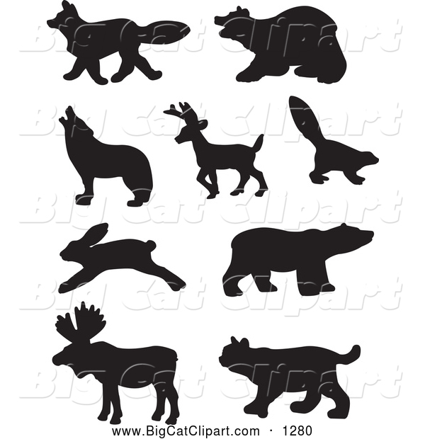Big Cat Vector Clipart of a Digital Collage of Profiled Black Forest Animal Silhouettes, on White
