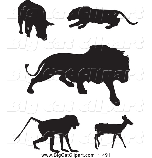 Big Cat Vector Clipart of a Digital Set of Animal Silhouettes; Boar, Panther, Lion, Baboon and Deer