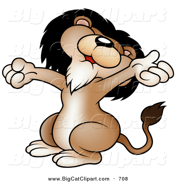 Big Cat Vector Clipart of a Happy Brown Male Lion Stretching and Holding His Arms out