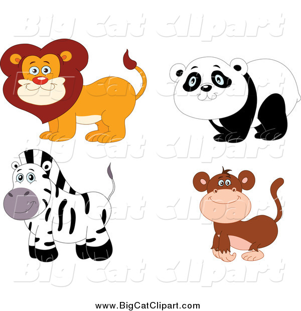 Big Cat Vector Clipart of a Happy Smiling Lion, Panda, Zebra and Monkey