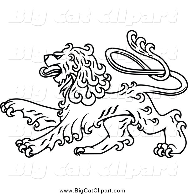Big Cat Vector Clipart of a Lineart Long Haired Heraldic Lion