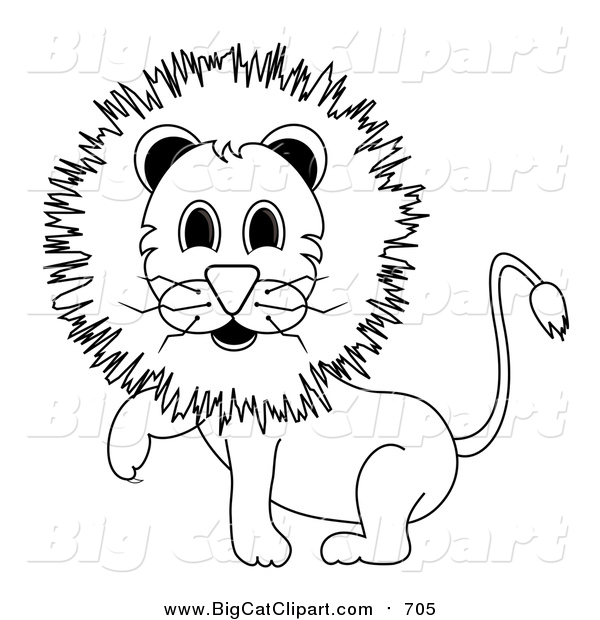 Big Cat Vector Clipart of a Lineart Male Lion Lifting One Paw