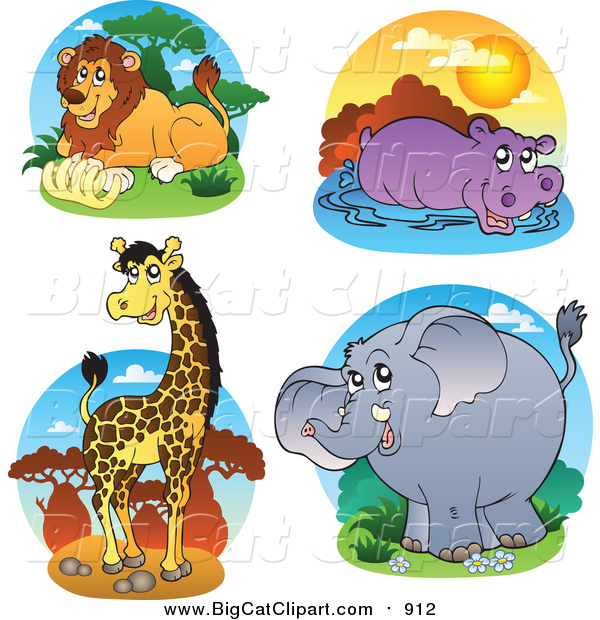 Big Cat Vector Clipart of a Lion, Hippo, Giraffe and Elephant Safari Logos