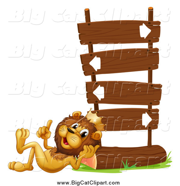 Big Cat Vector Clipart of a Lion King Talking and Resting Against a Sign Post