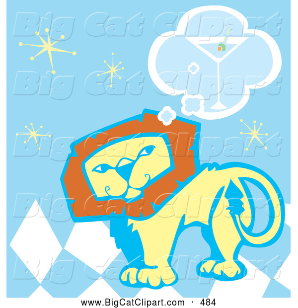 Big Cat Vector Clipart of a Lion Thinking About Drinking a Martini on a White Background