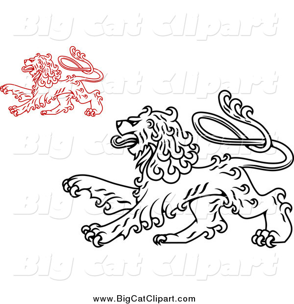 Big Cat Vector Clipart of a Long, Curly Haired Heraldic Lions