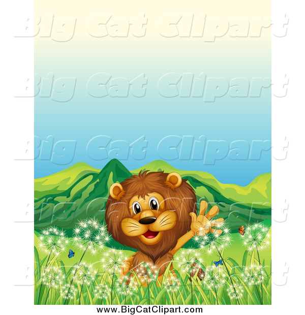 Big Cat Vector Clipart of a Male Lion Waving in a Dandelion Field