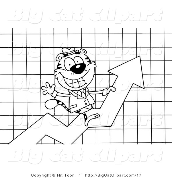 Big Cat Vector Clipart of a Outlined Business Tiger Character Riding Upwards on a Profit Statistics Arrow