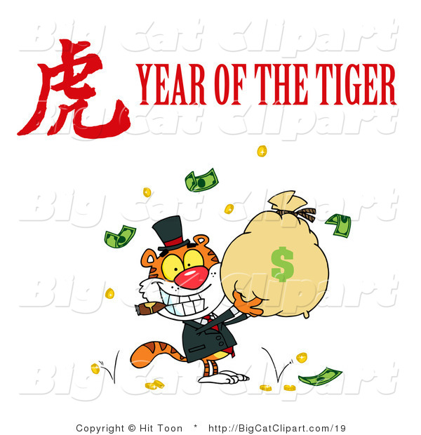 Big Cat Vector Clipart of a Rich Tiger Holding a Bag Full of Money with a Year of the Tiger Chinese Symbol and Text
