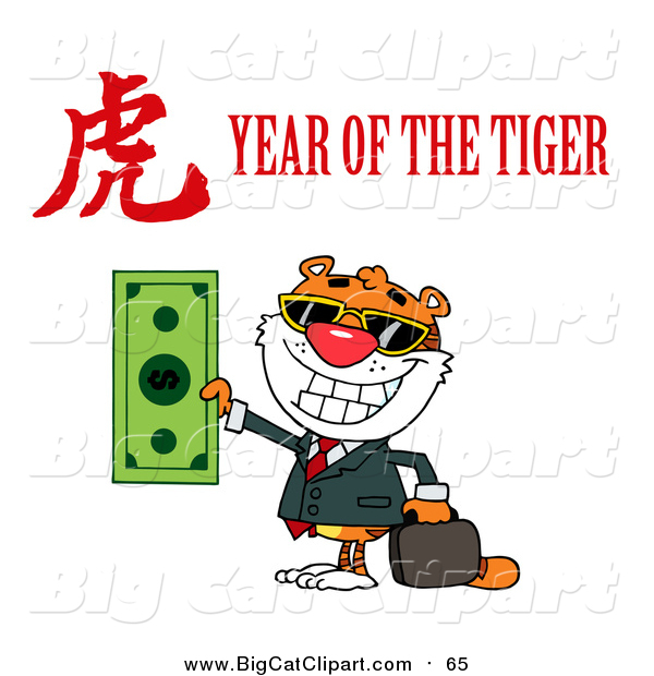 Big Cat Vector Clipart of a Rich Tiger Holding Cash with a Year of the Tiger Chinese Symbol and Text