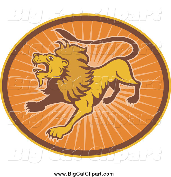 Big Cat Vector Clipart of a Roaring Lion in an Oval of Sun Rays