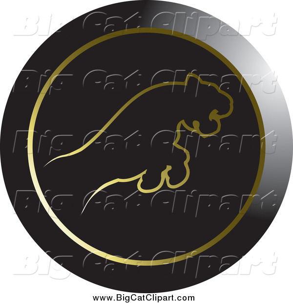 Big Cat Vector Clipart of a Round Black and Gold Leaping Puma or Tiger Icon