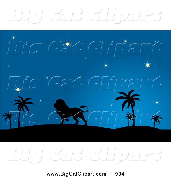 Big Cat Vector Clipart of a Silhouetted Male Lion Walking in a Desert at Night