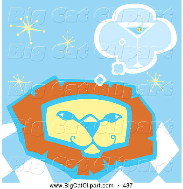 Big Cat Vector Clipart of a Smiling Lion Thinking of a Martini over a Blue Starry Background
