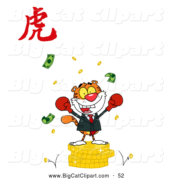 Big Cat Vector Clipart of a Successful Business Tiger on Coins, with a Year of the Tiger Chinese Symbol