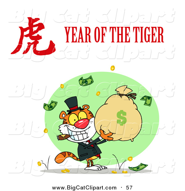 Big Cat Vector Clipart of a Tiger Holding a Money Bag with a Year of the Tiger Chinese Symbol and Text