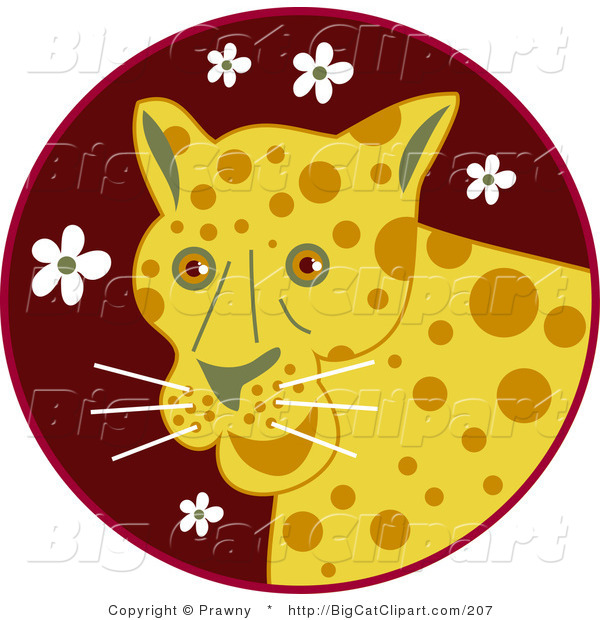 Big Cat Vector Clipart of a Yellow Happy Leopard over a Maroon Circle with White Flowers