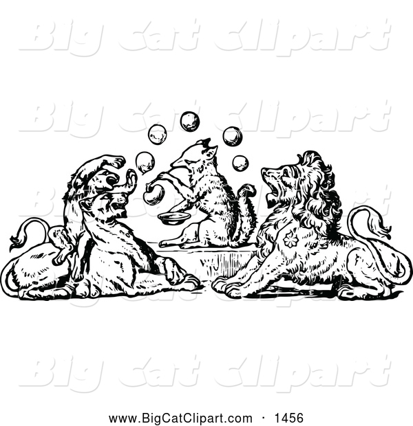 Big Cat Vector Clipart of Black and White Big Cats and a Wolf