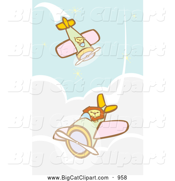 Big Cat Vector Clipart of Lions Flying Biplanes Above Clouds