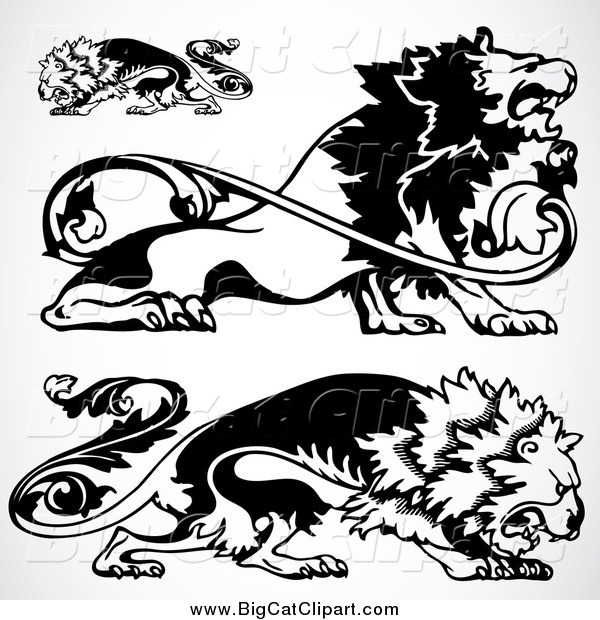 Big Cat Vector Clipart of Ornamental Black and White Lions