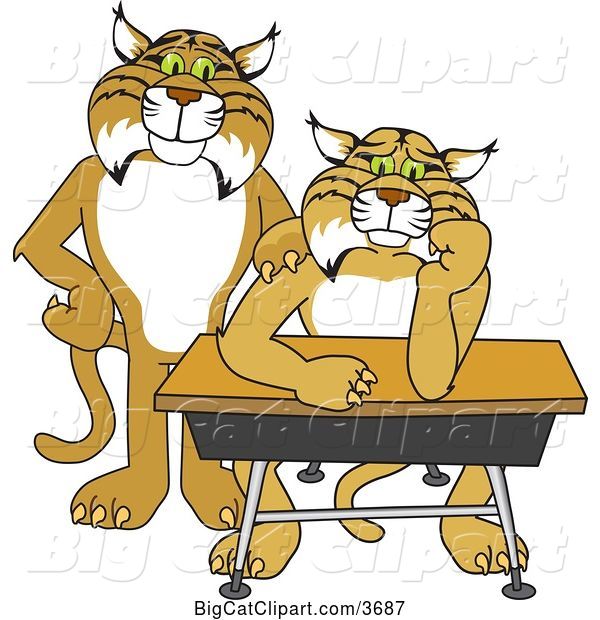 Vector Clipart of a Bobcat School Mascot Standing by a Worried Student